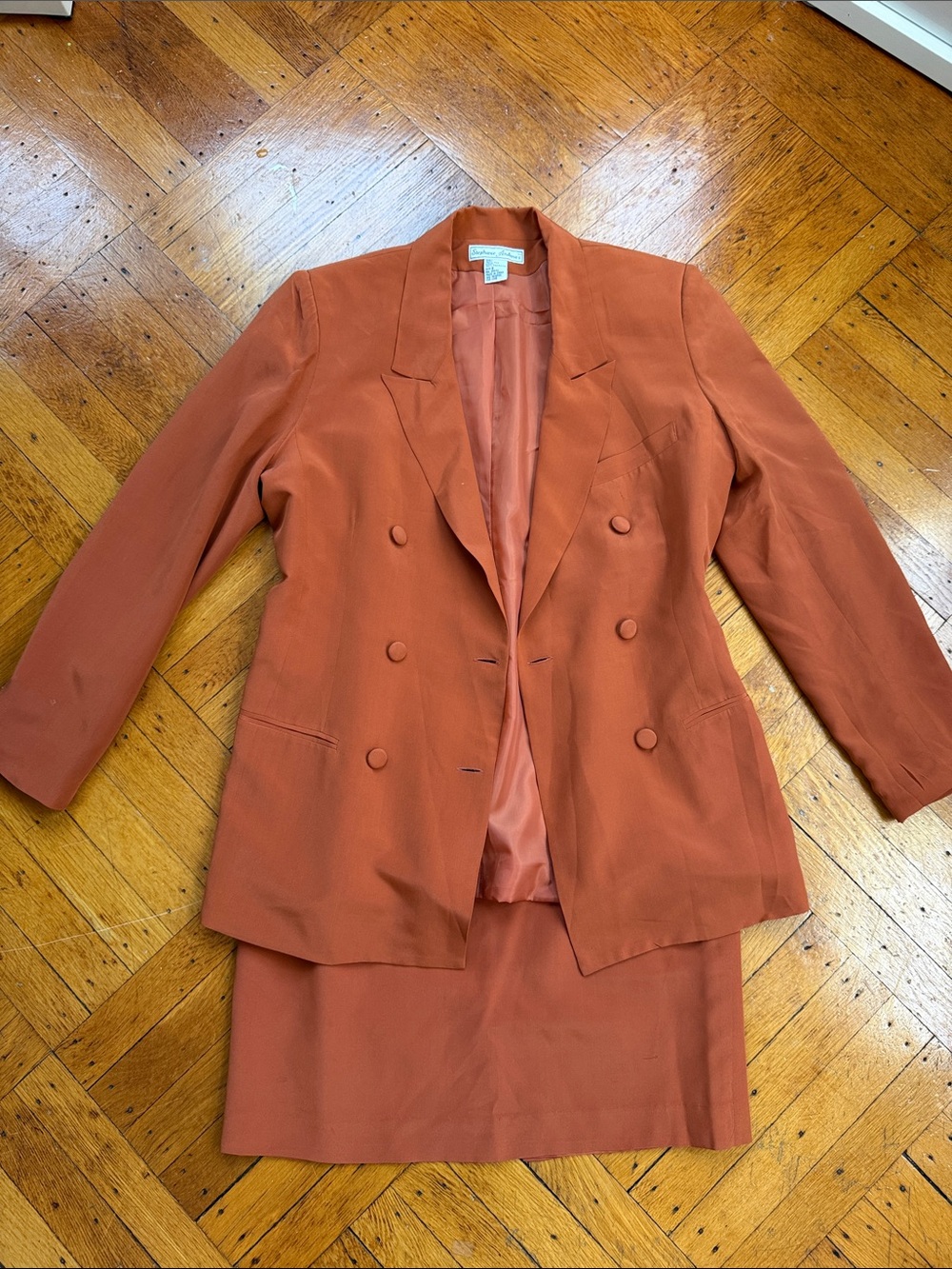 Silk Elizabeth and James Double-Breasted Rust-Orange Blazer and Skirt Suit